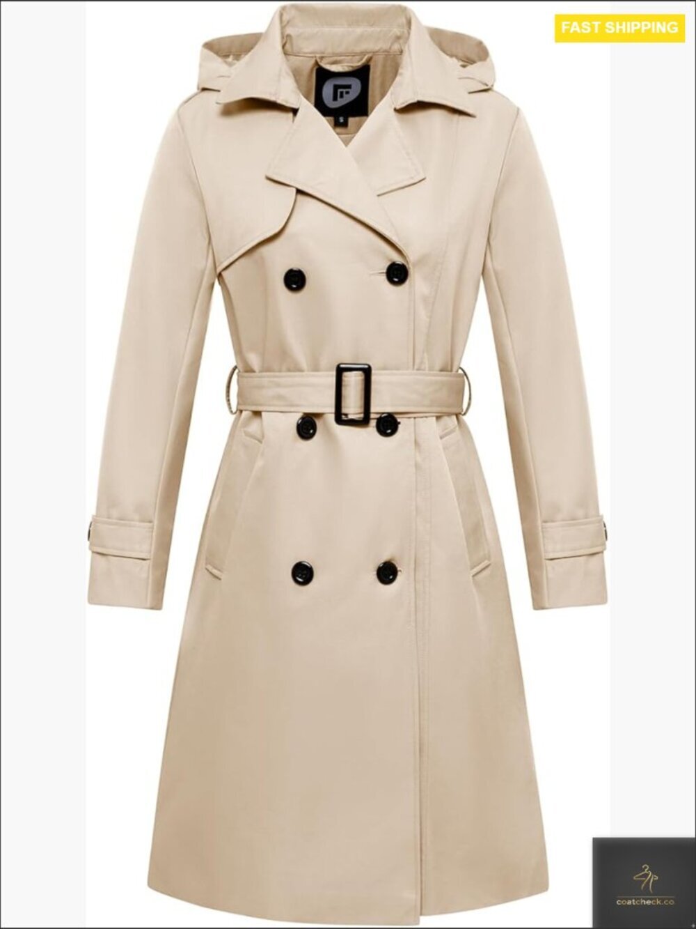 Long Waterproof Trench Coat Double Breasted Classic Lapel Belted Detachable Hood